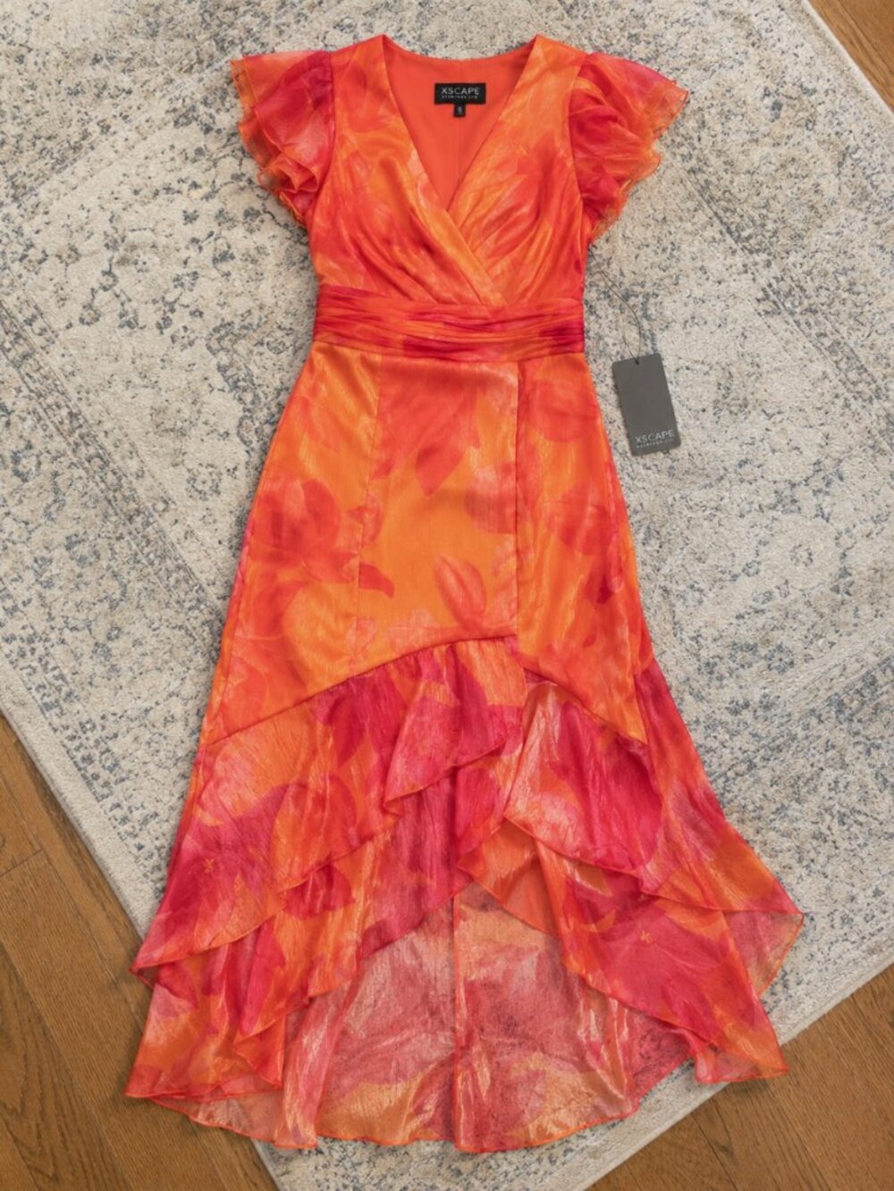 Xscape Orange & Pink Ruffled Midi Dress - Picture 4 of 6